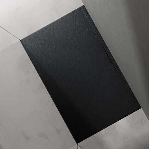 doporro Receveur de Douche Bac à Douche Ultra Plat en Solid Surface Gris Noir Mat Geoma07 100x160x3 cm