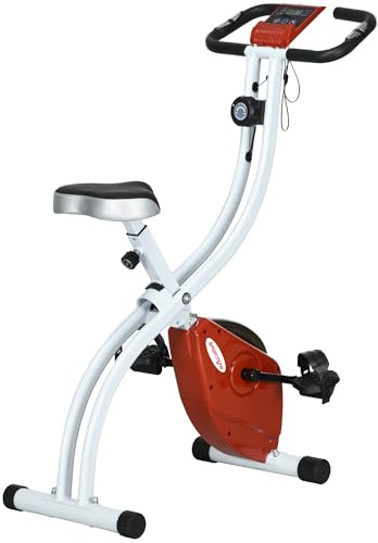 SPORTNOW Cyclette da Casa Pieghevole Magnetica a 8 Livelli di Resistenza con Monitor LCD, Cyclette da Camera con Seduta Regolabile, Supporto Tablet, Ruote, Sensore di Pulsazioni, in Acciaio, Rosso