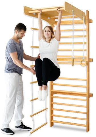 HENGMEI Sprossenwand Set 6 in 1 Multifunktions Klettergerüst inkl. Turnringe Klettergerüst, Strickleiter, Schaukel, Klimmzugstange, Sportgeräte