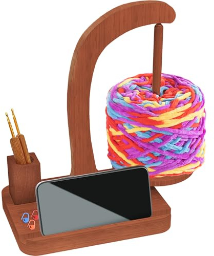 FOGWOWO Yarn Holder for Crochet, Walnut Wood Yarn Holder Magnetic Yarn Spinner with Crochet Accessories Storage,Phone Stand and Anti-Slip Pads,Yarn Ball Holder Crochet Gift for Knitting Lovers