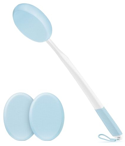 Applicateur de Lotion pour le Dos avec Manche Long Blanc, Poignée Antidérapante Bleue et 3 Tampons Lavables Bleus, Idéal pour Crème Solaire, Autobronzant et Hydratants, Convient à Tous les Âges