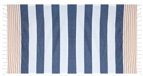 Etrexonline Fouta Toalla Playa 100% Algodón - 200x100cm, Ligera, Antiarena, Secado Rápido, Multiuso como Pareo, Manta Picnic o Baño - Hammam Estilo Turco para Mujer y Hombre - Raya Azul y Beige