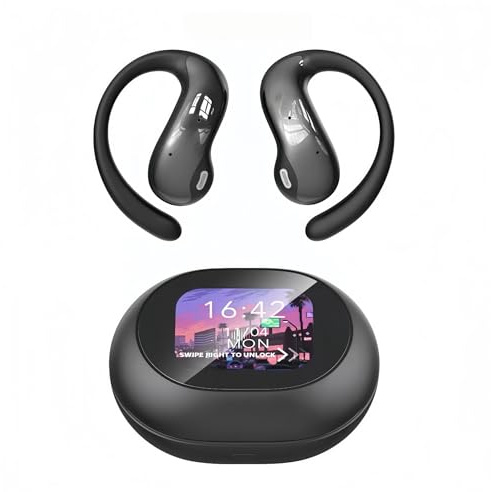 Hörlurar med öppen öron, trådlösa med färgpekskärm, AI-dialogläge, clip-on-hörlurar, Bluetooth 5.4 med 54H-speltid, brusreducerande trådlösa hörlurar, Hi-Fi-ljud (matt svart)