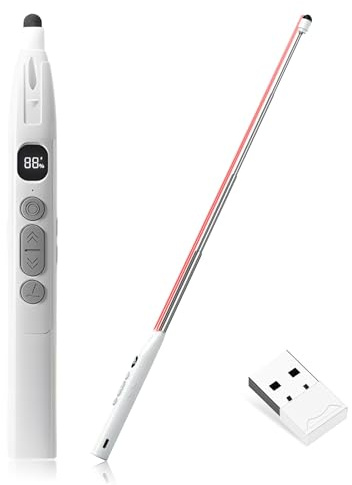 Pasador Diapositivas 2.4 GHz con Puntero Láser Rojo Fuerte 3 Niveles, Puntero Retráctil, Temporizador de Cuenta Atrás hasta 199 Min, Compatible con la Mayoría de Sistemas y Software (Blanco)