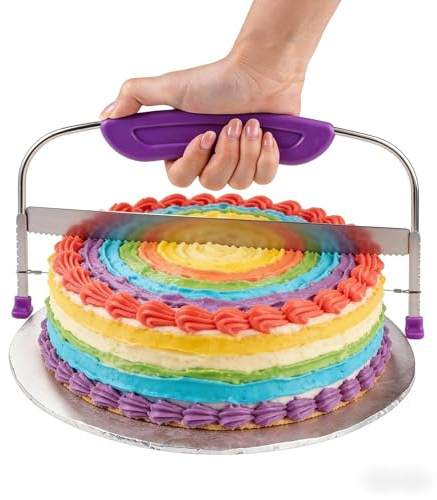 Taglierina professionale viola per torte, 22,9 cm, regolabile, in filo di acciaio inox, con manico antiscivolo, per livellare e affettare la cucina