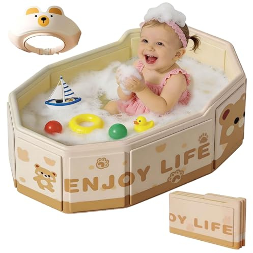 Collapsible Baby Bathtub for Shower - Portable Bathtub for Children with Children's Shower Cap, Large Toddler Bath with Drain Plug for Ages 0-8, Compact Travel Essentials for Kids, All-in-One Design