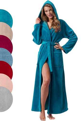 Morgenstern Bademantel Damen mit Kapuze in petrol türkis lang leicht Frauen Duschmantel Saunamantel Hausmantel Baumwolle Microfaser Viskose Größe XL