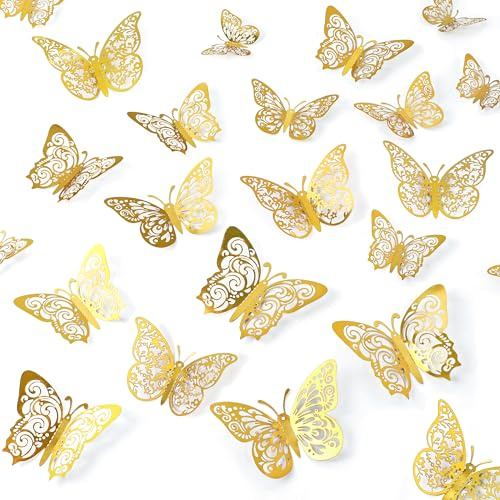Crosize 72 Pcs Gold Butterfly Decorations, 3 Sizes 3 Styles, 3D Butterfly Wall Decor, Party Decorations, Birthday Decorations, Butterflies for Crafts, Cake Decorating, Wall Room Decor