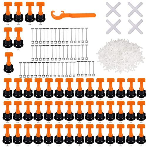 Livellamento Pavimento, 50 Pcs Distanziatori per Piastrelle 1,5 mm, 50 Pcs Aghi in Acciaio, 100 Pcs Distanziatori a Croce per Piastrelle, con 1 Chiave Speciale, per Costruzione, Pavimenti