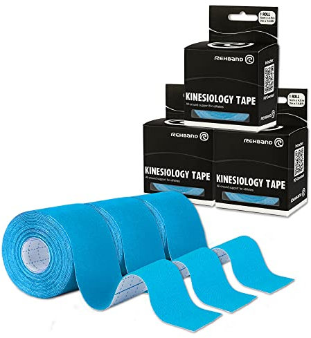 Rehband Kinesiologie Tape zur Selbstanwendung, Physio Sport-Tape zur Unterstützung von Gelenken & Muskulatur, wasserfest, hautfreundlich, elastisch, Farbe:3 x Blau, Größe:3 Rollen