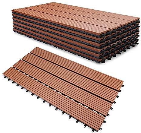 Randaco Dalles de Terrase en WPC, 30x60cm 6 pièces/1 m² Dalles Clipsables pour Jardin, Piscine, Balcon, Système plug-in Facile à poser, Dalles de balcon avec drainage, Marron