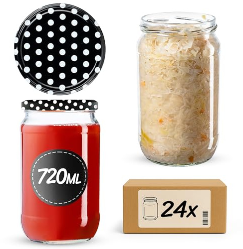 KADAX Set med 24 konserveringsburkar 720 ml TO82 svart prickad, stora fallburkar med skruvlock, konserveringsburkar fermenteringsglas för gurkor, grönsaker, surdeg