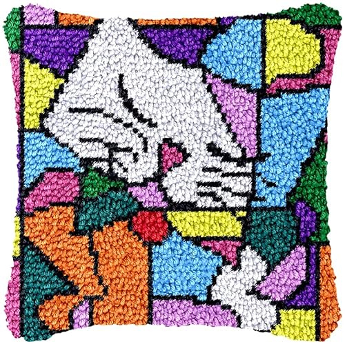 DL-YTG Latch Hook Kits Pillow Cat Crochet Yarn Cushion Colour Pre-Printed Canvas Rug Needlework DIY Pillowcase Hook and Latch Kit Christmas Home Arts Crafts Sofa Decoration 42x42cm/17X17inch