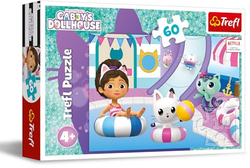 Trefl - Gabby’s Dollhouse, Gabby à la Piscine - Puzzle 60 Pièces - Puzzle Colorés avec Personnages de Bande Dessinée, Divertissement Créatif, Loisir pour Les Enfants à partir de 4 Ans