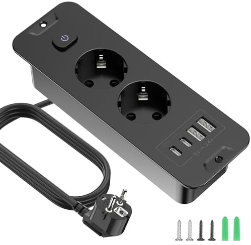 Presa da incasso a 2 scomparti, USB A e C, cavo prolunga 2 m, interruttore, ufficio, casa (nero)