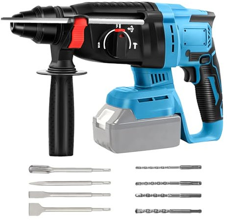 Taladro Percutor Sin Cable, Taladro de Impacto, con 4 Brocas (6/8/10/12mm*150mm), 1 x Cincel Puntiagudo (230mm), 1 x Cincel en Forma de U (250mm), 2 x Cinceles Planos (230mm&250mm), Sin Batería