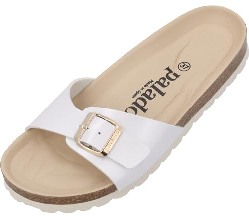 Palado Pantoletten Damen Malta BE Metallic – gefertigt aus pflegeleichtem, metallisch glänzendem Material – helle Veloursleder-Decksohle – eleganter Look – Weichfußbett Weiß UK7 - EU40