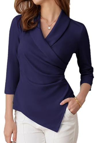 GRACE KARIN Damblus, 3/4 ärmar, V-ringad omlottblus, eleganta toppar, affärskläder, damer, hösttoppar, Cl2922-9/marinblå, M