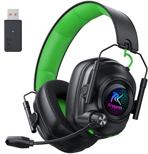 Krysenix KGH2 Cascos Gaming Inalámbricos, 2.4 GHz Auriculares Gaming para PS4, PS5, PC, Mac, Switch, Auriculares Bluetooth con Micrófono, Cancelación de Ruido, Luz LED y Duración 40Hr+,Verde