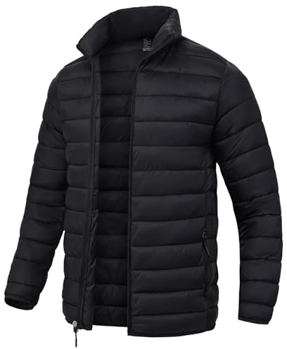 SPOSULEI Puffer Jacket for Men Packable Lightweight Winter Warm Down Jackets Coats Outdoor Insulated Water Resistant Travel Hiking Camping Jacket with Pockets Black L