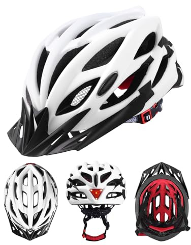 ROXX CRASEN White Bike Helmet With LED,218g Lightweight Mountain Bicycle Helmet For Adults Men Women,Comfortable Cycling Helmet With Sun Visor & 21 Ventilation Holes,US CPSC & EU CE Standard(54-61cm)