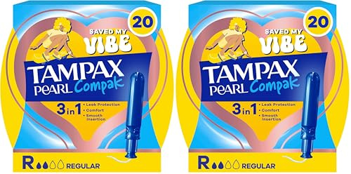 Tampax Tampones Compak Pearl, normales con aplicador, paquete de 2 (16 tampones), protección contra fugas y discreción (el embalaje puede variar)
