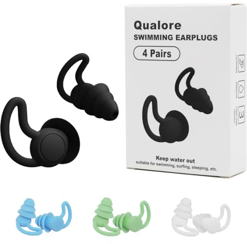 Qualore Swimming Ear Plugs for Adults, 4 Pairs Soft Silicone Waterproof Reusable Earplugs for Swim Shower Water Protection