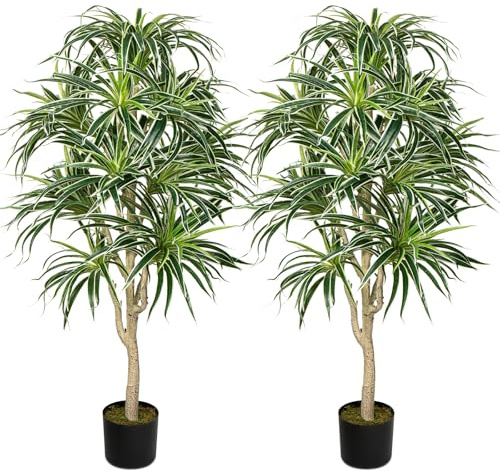 Uppsättning av 2 konstgjorda växter stor Dracaena träd, Chlorophytum falsk spindelväxt, dekorativ konstväxt hängande för vardagsrum balkong sovrum badrum rum bordsdekoration, inomhus- och