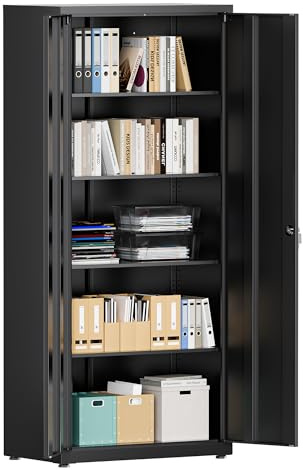 LVSTEEL Aktenschrank, abschließbarer Mehrzweckschrank mit 4 höhenverstellbaren Einlegeböden, Stahl-Büroschrank mit 2 Türen, Schwarz, 181.5×80×40 cm