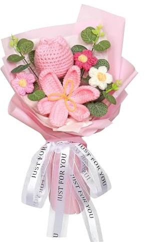 Luckwaii Bouquet de tulipes artificielles au crochet pour femme, décorations de fleurs préservées, faites à la main, fausses tulipes roses tricotées à la main pour la fête des mères, mariage