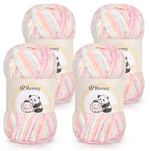 Reessy Chenille Yarn 400g(4×100g), Soft Rainbow Chunky Yarn for Crocheting | Fluffy Velvet Chenille Wool Gradient, Rainbow Thick Yarn Chunky Wool for Knitting Exquisite Crafts, Amigurumi, Baby Blanket