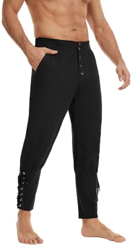YAOHUOLE Medieval Viking Trousers for Men Cotton Linen Pants with Elastic Waist Decorative Button Placket and Adjustable Ankle Ties Black M