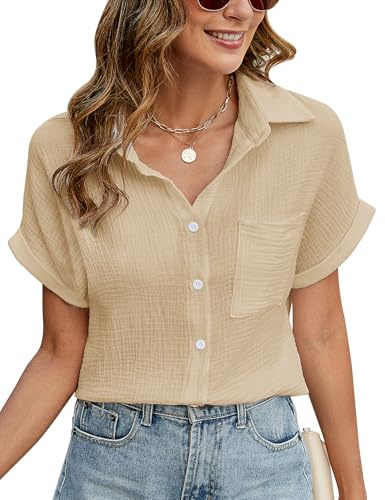 PASUDA Chemisier d'été élégant pour femme - Col en V - Boutonné - Chemisiers décontractés - En coton - Manches courtes - Chemise basique à revers - Chemise - Hauts - Tunique - Chemises - Tops, kaki