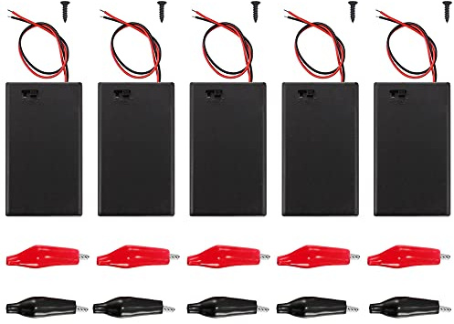 HAAMNING7 3 AAA Battery Holder with Switch, 3 Slots x 1.5V 4.5V Battery Spring Clip Storage Box with Wire Leads, With Black Alligator Clip, Red Alligator Clip (5 pack)