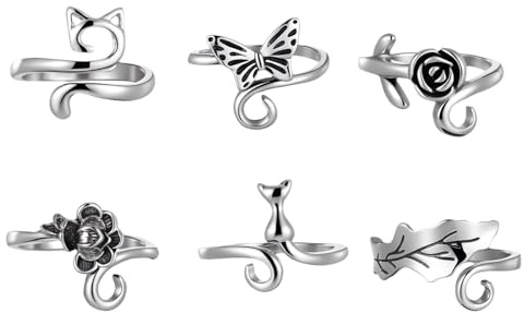 TIESOME 6 Stück Verstellbare Häkelringe Finger, Metall Katze Häkelzubehör Vintage Crochet Rings für Strick- und Häkelarbeiten (Silber, Schwarz, Rosa)