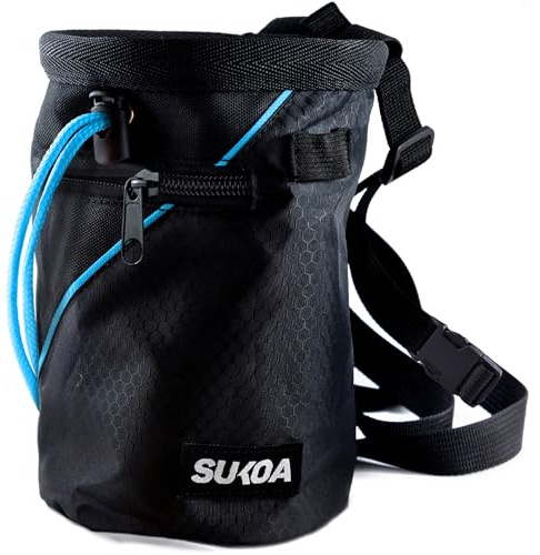 Sukoa Chalk Bag for Rock Climbing - Bouldering Chalk Bag Bucket with Quick-Clip Belt and 2 Large Zippered Pockets - Rock Climbing Gear Equipment (Blue)