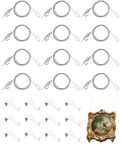 Picture Hanging Kit – Picture Rail Hooks with 12 of Each White Rail Hooks, 72 Inch Invisible Loop Cord, 12 Adjustable Hooks – Stainless Steel Picture Molding Hangers Nylon and Steel Cable