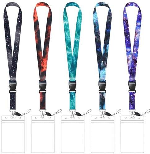 5 Pack Starry Sky Neck Lanyards with 5 Clear ID Card Holders, Cool Galaxy Lanyard Strap Keychain with Detachable Buckle for Women Men Cruise Teacher Keys Badge ID Card Phone (Starry Sky - 5pcs)