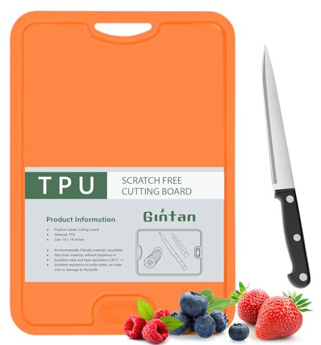 Gintan Flexible TPU Chopping Board, BPA Free with Knife and Juice Groove, Scratch Resistant Flexible Chopping Boards for Kitchen, Dishwasher Safe, Grippy Handle, Non-Slip (Orange)