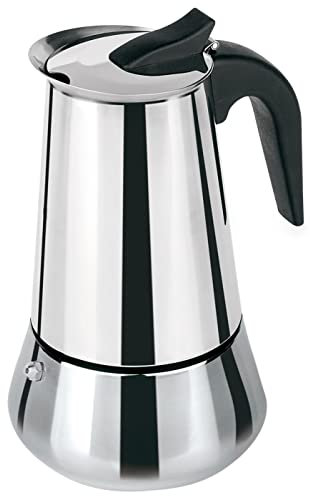 Tradineur - Cafetera arábica de acero inoxidable, 9 tazas, especial inducción, válida para todo tipo de fuegos, interior antióxido y asa resistente, apta para lavavajillas (Mate, 21,5 x 12,5 cm)