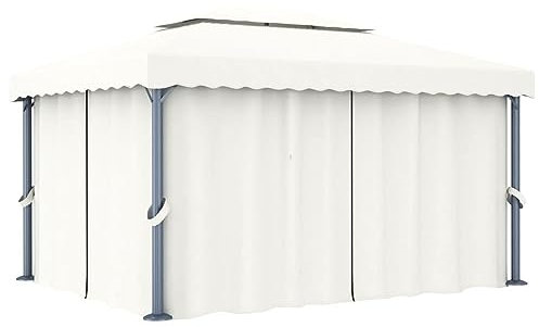 Chaduof Tonnelle pliante avec rideau, pergola, tente de fête, auvent sur pied, tente solaire, pavillon de jardin, tonnelle de barbecue, 4 x 3 m en aluminium blanc crème