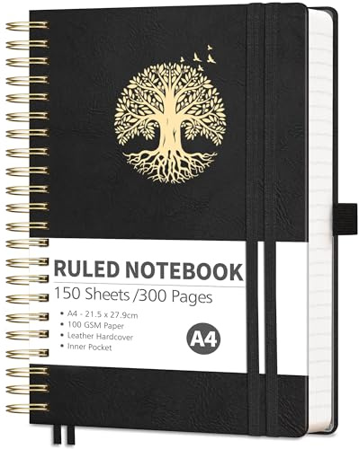 RETTACY Lined A4 Notebook Spiral Bound College Ruled Notebook 300 Pages Thick Journal,Hardcover Leather Notepad for Work School,100gsm,Sticky Notes,21.5 x 27.9cm - Black