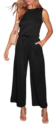 LACOZY Jumpsuits for Women Dressy Summer Sleeveless Romper Adjustable Drawstring Waistband Crewneck Casual Tracksuit with Pockets Black M