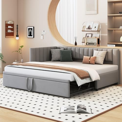 Oxtao Polsterbett Ausziehbares Schlafsofa 90/180 x 200 cm mit Lattenrosten, Tagesbett Samtstoff Bett Bettgestell Bettsofa Gästebett, Einzelbett/Doppelbett Samtstoff (Hellgrau)