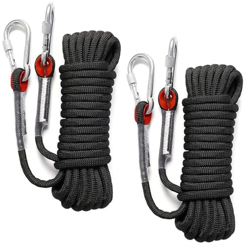 TOMIUS 2Pcs 10mm x 10M Multifunctional Nylon Ropes Black Rope with Carabiners Solide Durable Outdoor Rope for Clim bingHanging Hiking Fixing Fishing