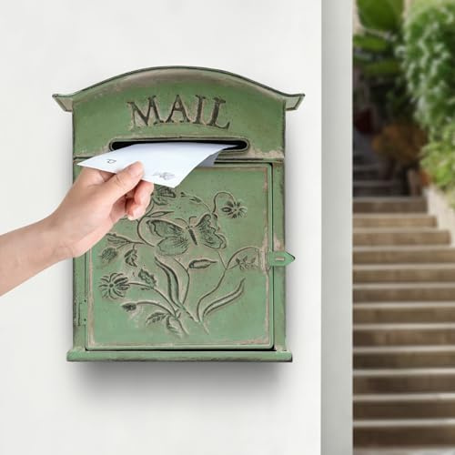Wall Mounted Mailbox Vintage Rustic Letter Box Iron Hanging Mail Holder Collector with Loackable Latch for Outside Home Garden, Gate, Newspapers, Restaurants, Offices, Posts-Green, 27 * 10.5 * 31.2cm