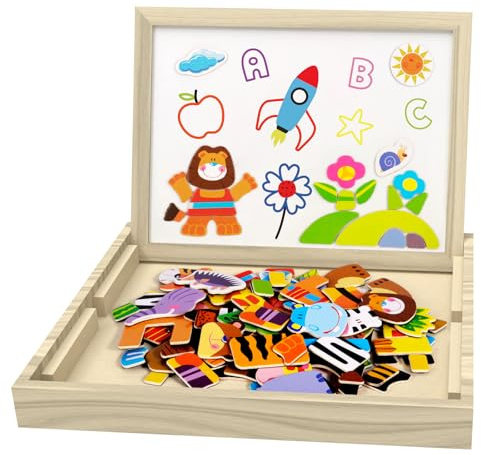 FERRGIA 135 Piezas Rompecabezas magnético de Madera,Pizarra Infantil,Tablero de Dibujo de Doble Cara, Rompecabezas de Bosque y Animales,Montessori para niños de 3 años, Juego para niños y niñas