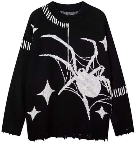 Maglione da uomo invernale a maglia fine basic maglione con scollo rotondo a maniche lunghe con stampa ragnatela vintage a maglia grossa girocollo Goth Punk Ripped Gothic Y2k Harajuku Top, O nero., M