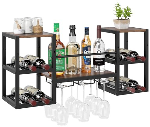 COSTWAY Weinregal Wand, Wand Bar Holz, Flaschenregal für 8 Flaschen & 9 Weingläser, Wandregal Holz mit Metallrahmen, Industrial Design, ideal für Hausbar, Küche und Restaurant