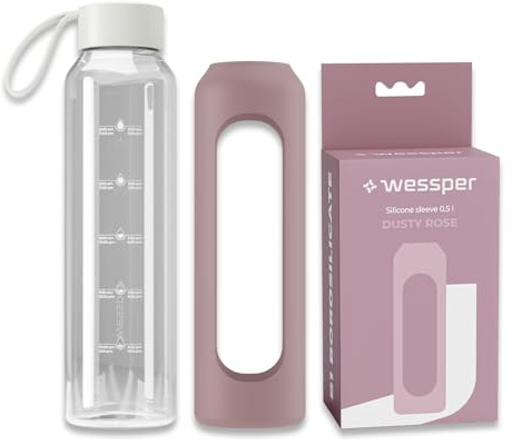 Wessper Borraccia in vetro rivestimento in silicone, bottiglia in vetro borosilicato con indicazione del tempo 500 ml, borraccia sportiva ideale per fitness, scuola, sport, bambini - Rosa antico